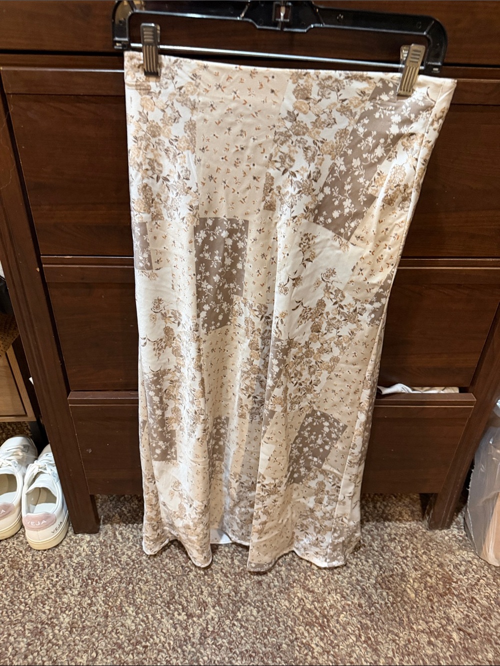 Neutral Patchwork Floral Maxi Skirt — Beige